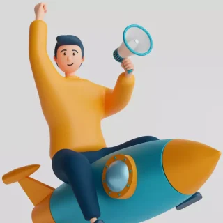 Animierte Figur, die auf einer Rakete reitet und eine Lupe hält, umgeben von schwebenden Münzen, auf einem schlichten Hintergrund, der von einer Werbeagentur entworfen wurde.